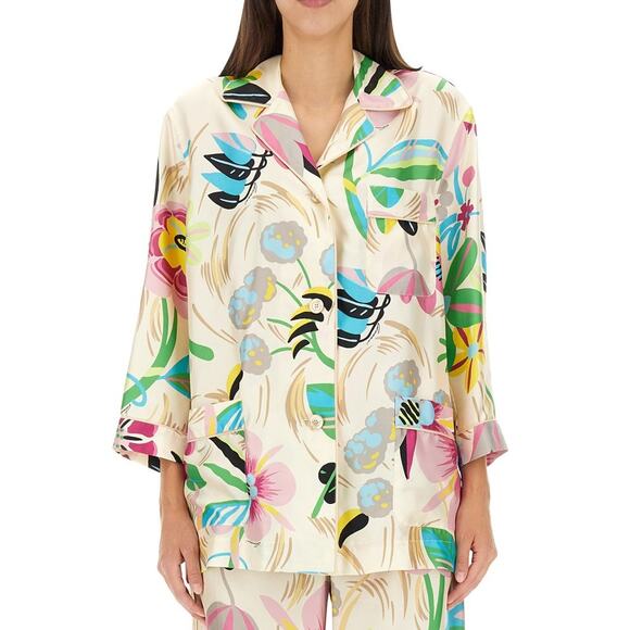 NWT Gucci Silk Tan Pink Blue Multi Floral Leaf Printed Blouse 46 / XL - Picture 3 of 16